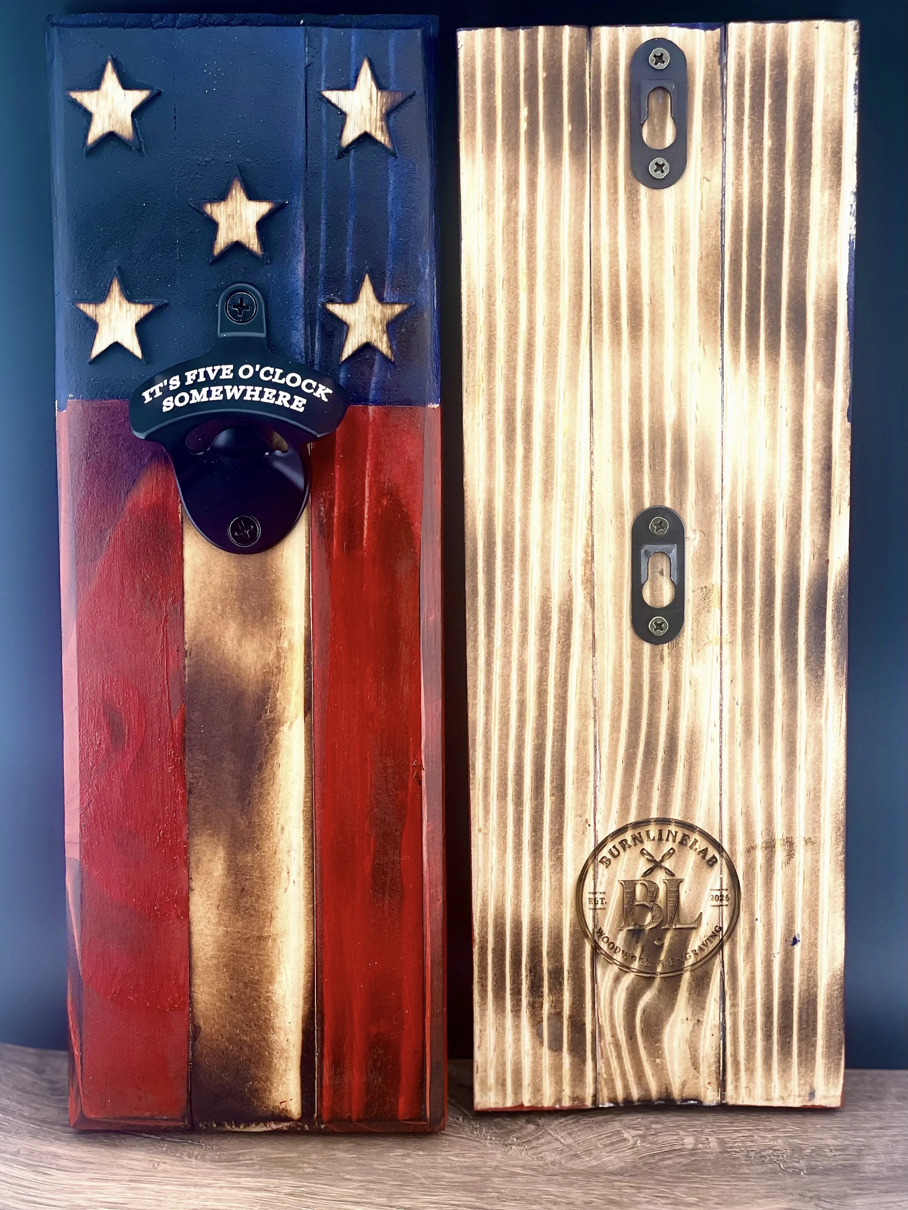 Back of the USA Flag wall-mounted bottle opener, showing the keyhole hangers and BurnlineLab logo