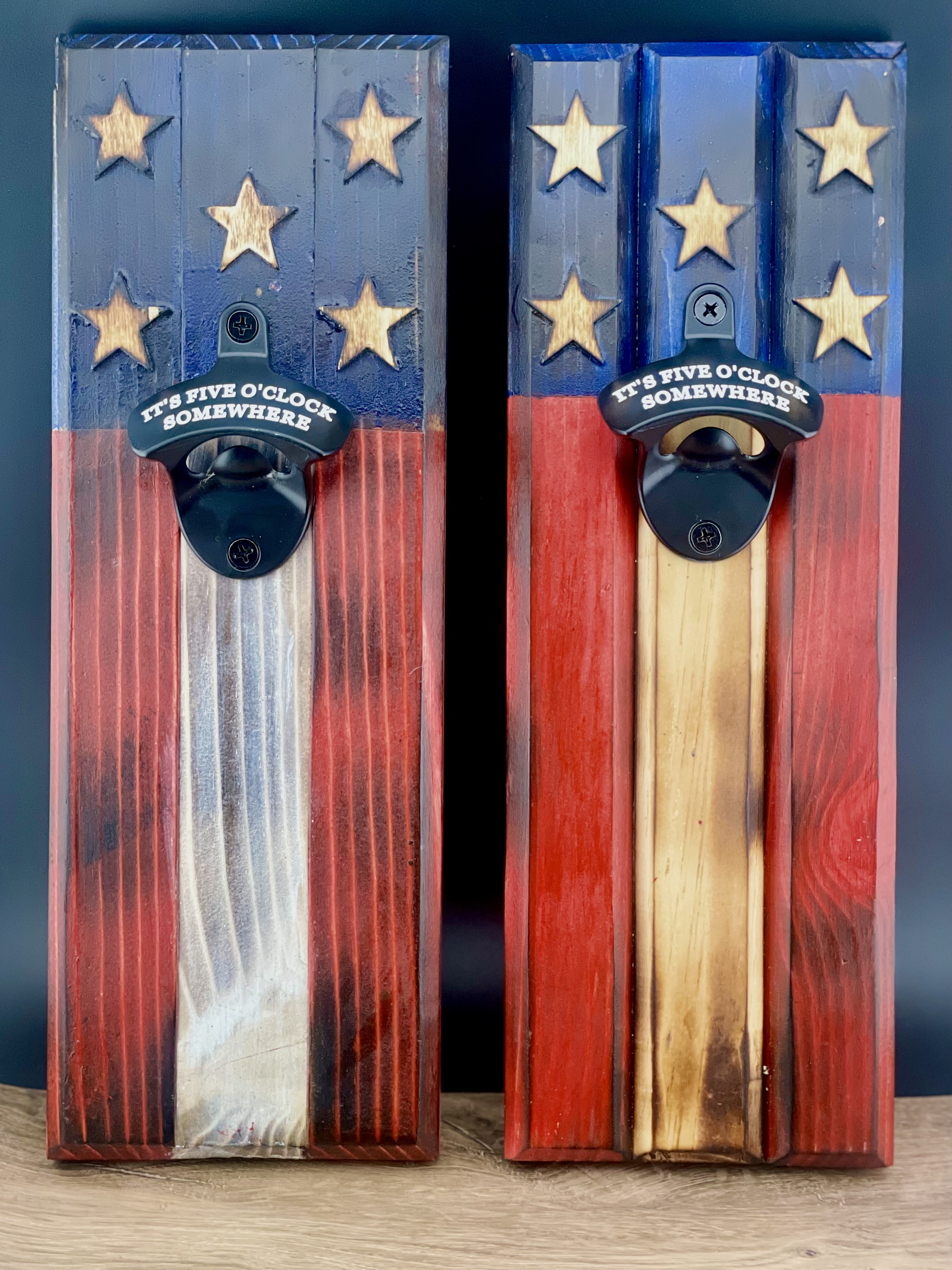 USA Flag wall-mounted wood bottle opener with laser-cut stars and a magnetic cap catcher, made by BurnlineLab