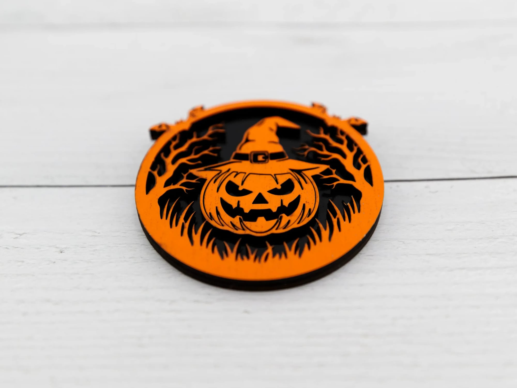 Witch's-pumpkin gothic Halloween wood magnet, laser cut and painted, made by BurnlineLab